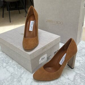 Jimmy Choo “Laria 100”. Caramel Suede Heels. 37.5.  NIB